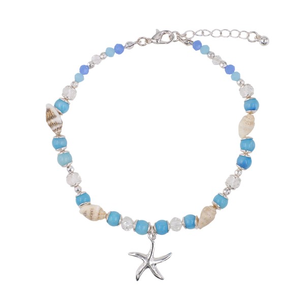 Elosee Natural Shell and Blue Bead Anklet with Starfish Charm