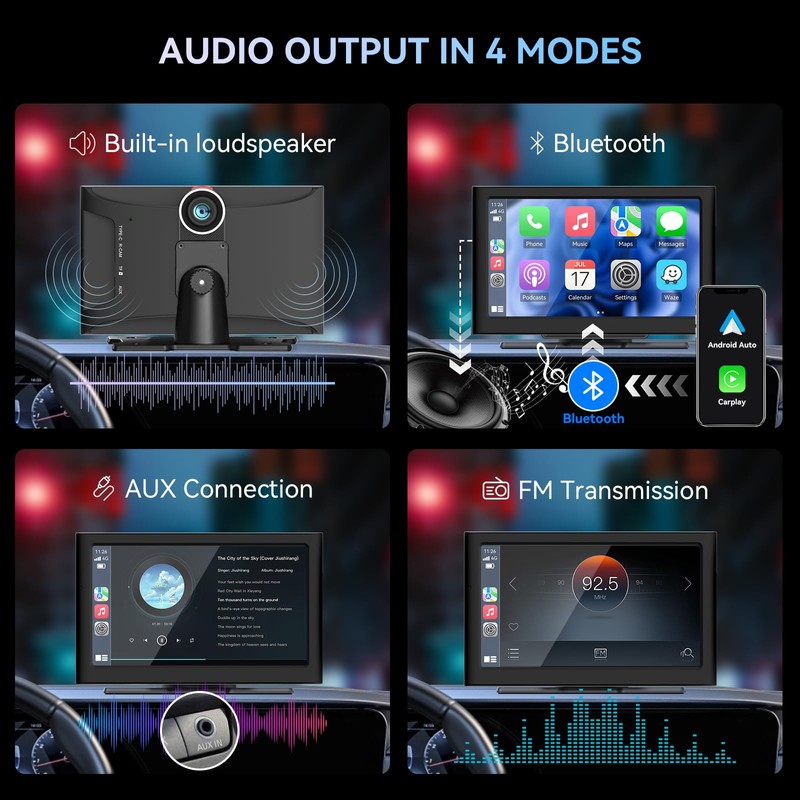 7” Wireless Carplay &Android Auto IPS Touch Screen, Portable Car