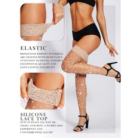 SUREPOCH Sparkly Rhinestone Fishnet Thigh High Stockings for Women Silicone Lace Top