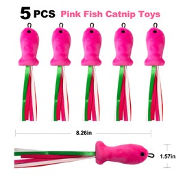 ZeyZoo Cat Toys Catnip, 5PCS Floppy Fish Cat Toy Filled Soft Plush, Pink Flopping Fish Chew Kitten Toys, Catnip Wand Toy Attachment with Ribbons, Interactive Cat Toys for Indoor Cats Kitten Play Chew