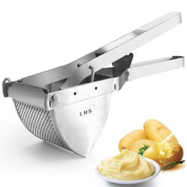 LHS Potato Ricer and Masher, Heavy Duty Stainless Steel Commercial Baby Food Masher, Business Potato Masher and Food Press with Ergonomic Comfort Grip, White