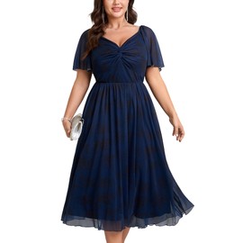 Womens Plus Size Wedding Guest Dress V Neck Short Sleeve Floral Boho Tulle Dress A Line Cocktail Formal Dresses Navy Blue
