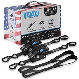 HANDT Retractable Ratchet Straps (2PK) 1in x 6ft - 1,500lb Break Strength, Heavy Duty Tie Down Automatic Self Ratcheting Strap Downs Push Button Retracting for Truck, Trailer, Motorcycle | Black