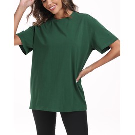 PRIMODA Womens Oversized Short Sleeve T Shirts Trendy Crew Neck Loose Workout Tee Casual Summer Tops Cotton(Dark Green M)