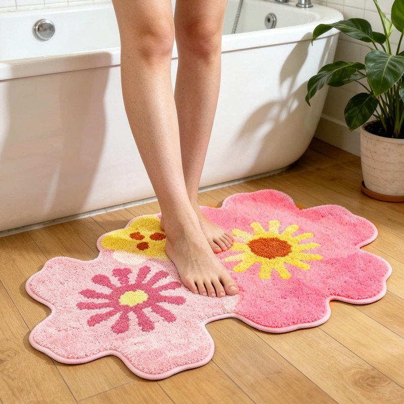 Livcoz Pink Yellow Floral Microfiber Bathroom Rugs 30''x20''
