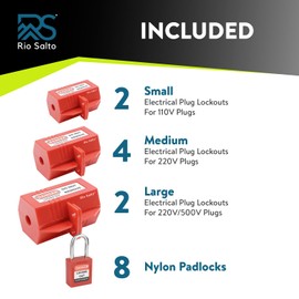 Plug Lock for Lockout Tagout Kit 16-Piece, Plug Power Cord Lock 220 Volt and 500 Volt Power Cord Lockout, OSHA Compliant Electrical Plug Lock Cover Loto - (Plug Locks - 2 Small, 4 Medium, 2 Large)