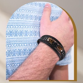 sdhiiolp Men's Leather Bracelet, Natural Tiger's Eye Bracelet, Braided Leather with Magnetic Closure, Gift for Boyfriend, Husband, Dad, Men, One size, Leather, Tiger Eye Stone