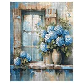 Tucocoo Hydrangeas Jigsaw Puzzles for Adults 1000 Pieces, Rustic Window Blue Flowers Floral Art Jigsaw Puzzle Colorful DIY Puzzles for Home Decoration Gifts, Family Puzzle Perfect for Game Nights