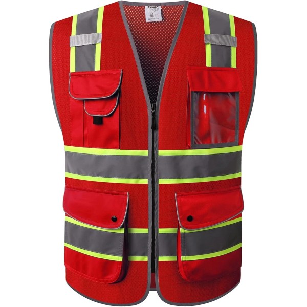 9 Pockets Hi-Vis Neon Red Zipper Front MESH Safety Vest