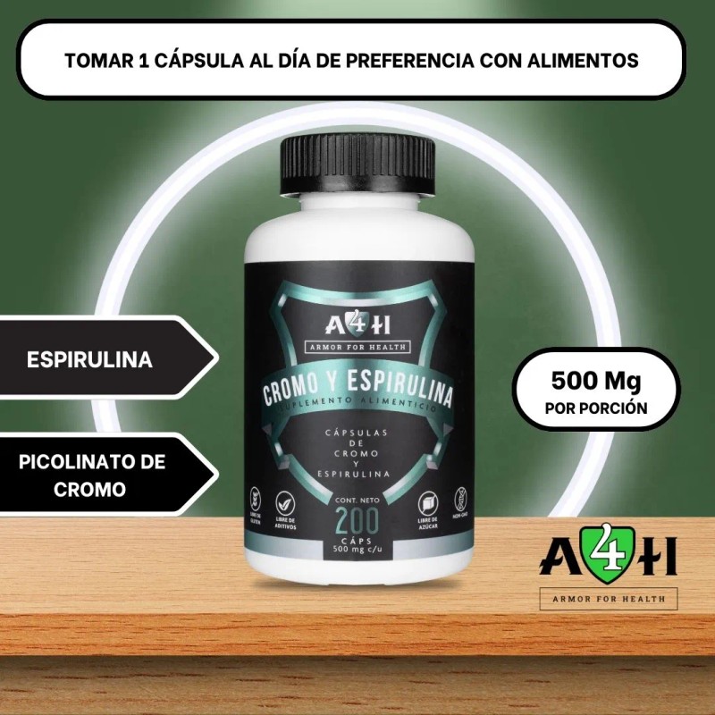200 Capsulas Picolinato D Cromo 200mcg Espirulina A4h Sabor Sin