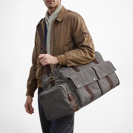 S-ZONE Duffle Bag for Travel Canvas Duffel Bag Carry on Leather Trim Overnight Weekender Bag for Men Women Grey