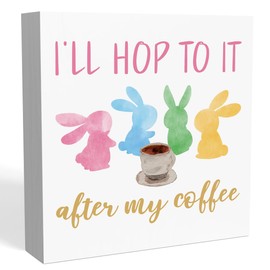 Rustic Easter Office Desk Decor - Cute Easter Coffee Bar Wood Sign - Farmhouse Easter Tiered Tray Decoration - Cubicle Shelf Bathroom Decor 5 x 5 in