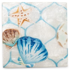 Cottage Garden Hand Painted Iridescent Capiz Shell Square 3 x 3 inch Keepsake Decorative Memory Trinket Jewelry Ring Earring Necklace Organizer Vintage Box with Lid, Blue Sea Shell Starfish