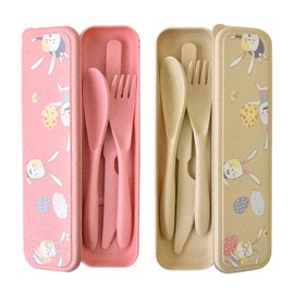 Cutlery Set for 2 People, Camping Cutlery & Travel Cutlery - Robust, Portable and Reusable, Travel Cutlery with Case for Camping, Birthday Party, School, Work (Pink + Beige)