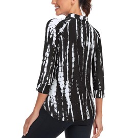 Cucuchy Style Golf Shirts for Women 3/4 Sleeve,Tennis Polo Shirts Moisture Wicking Workout Tops Loose Fit Running Pullover Stretchy V Neck Zipper Hiking Sport Clothes Tie Dye Black L