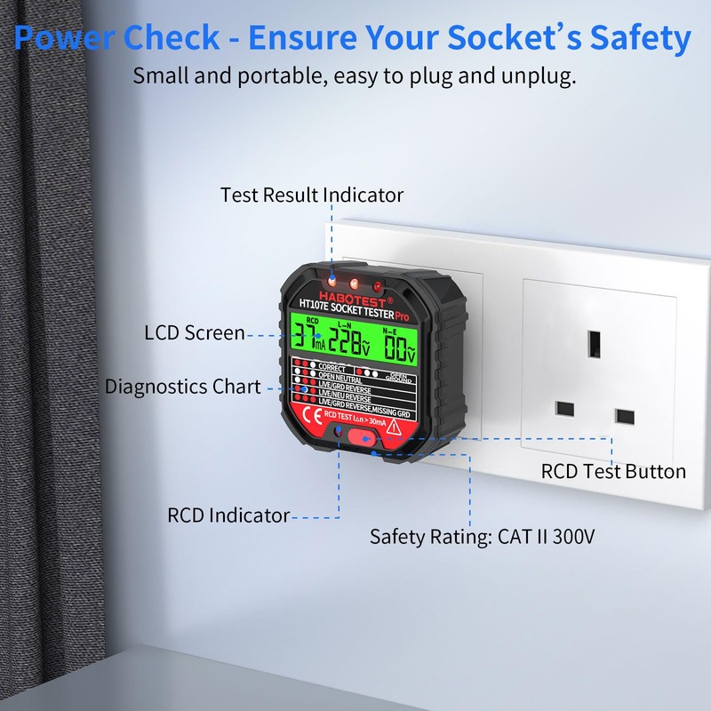 Socket Tester RCD Plug Outlet Tester UK, Electrical Receptacle Detector