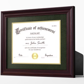 Yaetm 11x14 Diploma Frame | Certificate Frame with Tempered Glass, Display 8.5x11 with Dark Green Over Gold Acid-free Mat or 11 x 14 Document without Mat, Wide Molding (Single, Brown/Green)