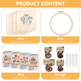 Embroidery Set for Beginners, 4 Embroidery Set Adults, Embroidery Kit with Embroidery Hoop, Colour Threads Tools, Floral Pattern Plants Embroidery Set, Embroidery for Beginners, Cross Stitch Set for