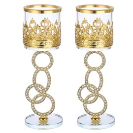 OwnMy Set of 2 Gold Crystal Glass Tealight Candlestick Holders Pillar Candle Holders with Glass Cover, 8.5" Elegant Metal Glass Votive Candle Stands for Dining Table Centerpiece Wedding Candle Decor