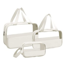 Travel Toiletry Bag 3 Pack/Size Waterproof Clear PVC and PU Splicing Cosmetic Bag Hanging Makeup Organizer Bag Portable Travel Bag for Bathroom, Vacation (White)