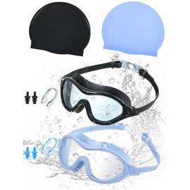 Dunzy 6 Pieces Adult Swim Goggles Silicone Cap Sets, Including 2 Pcs No Leak Wide Vision Swim Goggles 2 Pcs Non Slip with 2 Sets Ear Plugs Nose Clips for Unisex Men WomenSwim Cap