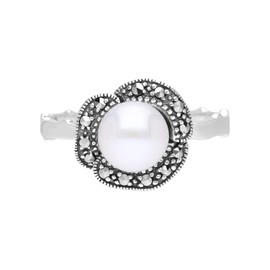 Esse Marcasite Sterling Silver White Pearl Floral Vintage Ring - Size L