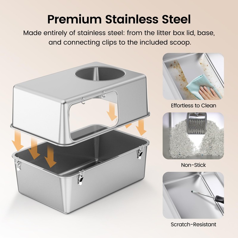Aothey Stainless Steel Litter Box with Lid, Enclosed Metal with