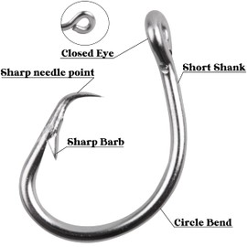 Circle Hooks Saltwater Fishing Hooks, 20pcs Tuna Circle Hooks Stainless Steel Hooks 2X Extra Strong Big Game in-line Circle Hooks Short Shank Circle Hooks for Catfish Bluegill Tuna Bass