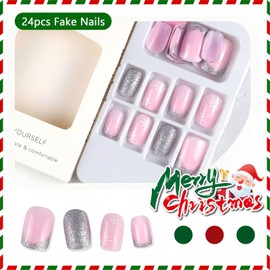 Snowflake Press On Nails Short Square, 24Pcs Snowflake Fake Nails Silver French Tips Nails White Snowflake Designs Stick On Nails Full Cover for New Years Nail Accessories