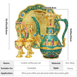 Vintage Turkish Coffee Pot Tea Pot Set,Crafts Teapot and Cup Set Including Tray and 6 Metal Cups,Tea Service Set for Tea Table Decor,Wedding Ornament (Green and Gold)