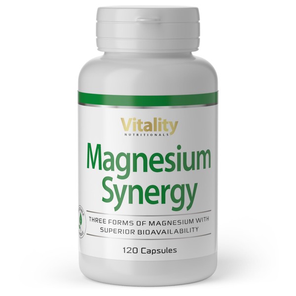 Magnesium Synergy Triple Power: Magnesium Citrate, Magnesium Glycinate, Magnesium Malate (120 Capsules) Muscles Energy Metabolism Magnesium Capsules 300 mg Vitality Nutritionals by Vitaminexpress