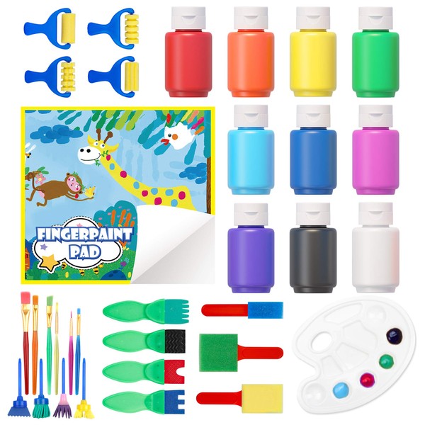 Washable Finger Paint Set, Shuttle Art 37 Pack Kids Paint Set with 10 Colors (60ml) Finger Paints Brushes, Kids Apron, Stampers Sponge Brushes Palettes, Non Toxic for Toddlers Home Activity Early Education