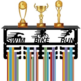 CREATCABIN Triathlon Medal Hanger Display with Trophy Shelf Medal Holder Hanger Sports Medal Wall Mount Stand Black Metal Trophy Holder Medal Organizer Rack for Swim Bike Run Awards 11.4x5x4Inch