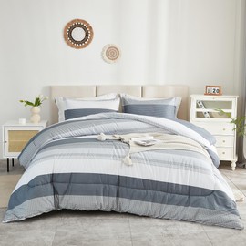 Litanika Queen Comforter Set Light Grey - 3 Pieces Lightweight Gray White Colorblock Stripe Fluffy Bedding Comforter Sets, All Season Bed Set