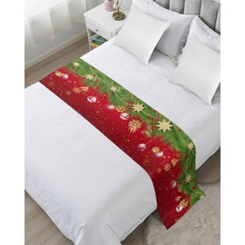 DecorLovee Christmas Bed Runners for Queen Size Bed, Decorative Bed Throws for Foot of Bed, Xmas Balls Pine Branch Snowflake Red Green Bed Runner Sofa Throw Bedding Scarf Slipcover for Bedroom
