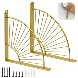 Pack of 2 Shelf Brackets in Fan Shape, Golden, Metal Shelf Bracket for Restaurant, Wall Shelves, Corner Shelves, Kitchen, Living Room, Bedroom (Gold)