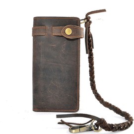 RS Mens Wallet with Chain Leather Long Bifold Trucker Wallet Vintage Biker Money Clip with Zipper,Dark Brown