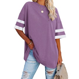 Fisoew Womens Oversized Tees Loose T Shirts Half Sleeve Crew Neck Color Block Cotton Tunic Tops Purple