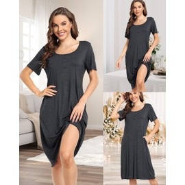 Vlazom Women's Nightdress, Ladies Soft Nighties U-Neck Nightshirts Short Sleeve Sleep Dress Nightgown Sleepwear,C-Charcoal,L