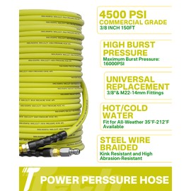 TechSweepPro Pressure Washer Hose 150FT 3/8" for Cold and Hot Water 212°F, with Swivel Quick Connect, 4500PSI Kink Resistant Grade Steel Wire Braided, Power Washer Hose With 2pcs M22-14mm Adapter