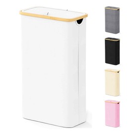 SpaceAid Slim Laundry Hamper with Lid, 65L Narrow Clothes Basket Bin with Bamboo Handles, Skinny Tall Collapsible Hamper for Bedroom, Bathroom, Dorm, Laundry Room - White