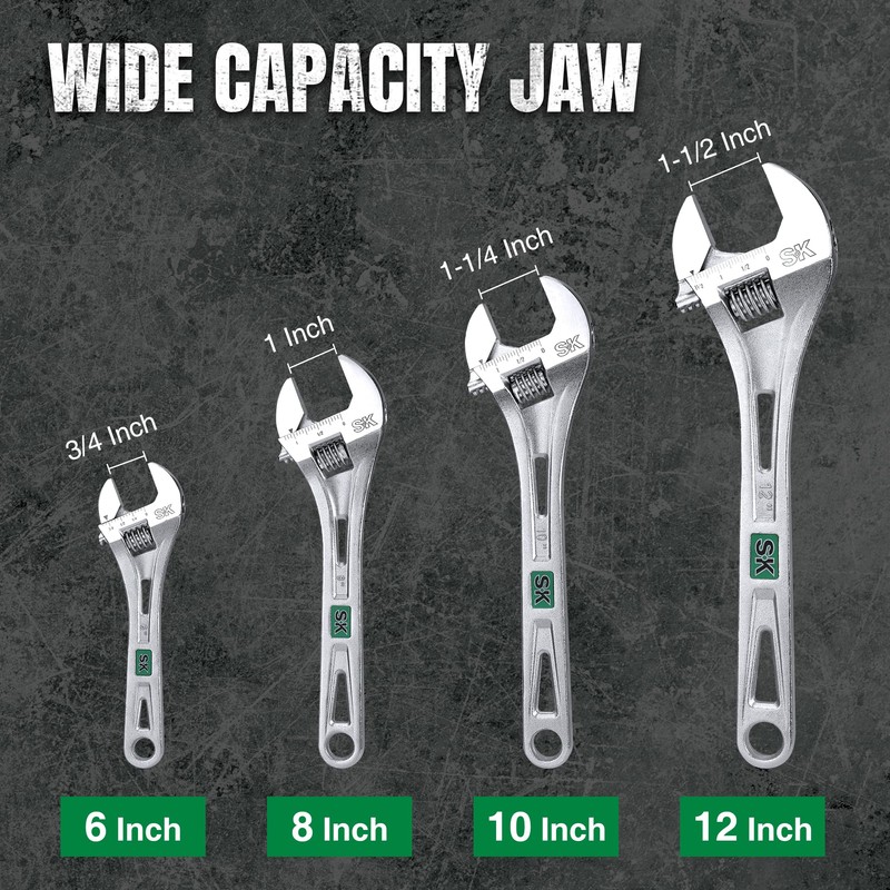 SK 3-Piece Adjustable Wrench Set, 6-Inch, 8-Inch, 10-Inch, Cr-V Steel,