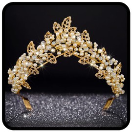 Fashband Boho Leaf Headband Golden Crown Tiara Bridal Wedding Beaded Headpiece Hair Accessories for Women, Metal