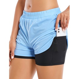 Cestyle Pantalones cortos deportivos 2 en 1 para mujer, con cordón lateral, con bolsillos, secado rápido, Azul claro, M