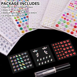 9 Sheets Face Rhinestones and Pearl Stickers Set 1, Rainbow Mixed shape Self Adhesive Gems Face Jewels Stick on, with Makeup Glue for Makeup Eyes Face Hair Nails Body, Crafts and Decorations