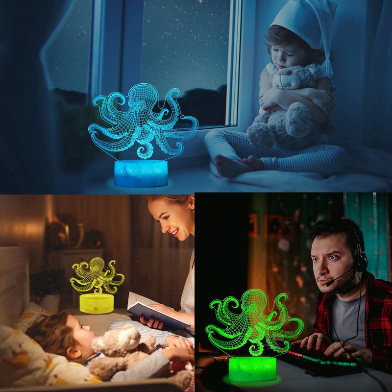POSSHE Octopus Night Light, 3D Illusion Night Light Lamp, Octopus