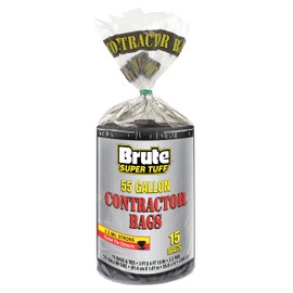 Brute Super Tuff Heavy Duty 2.2 MIL Contractor Bags, Extra Large Trash Bags, Twist Tie Closure, Black, 55 Gallon, 15 Count