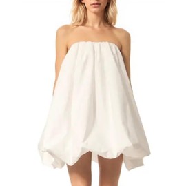 Meladyan Women's Polka Dot Bubble Mini Dress, Strapless, Backless, Off Shoulder Neck, High Waist, Sleeveless, Summer, Casual, Party, White, Small