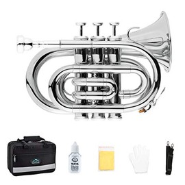 EastRock Pocket Trumpet Brass Bb Nickel Plated Trumpet with 7 C Mouthpiece, Hard Case, Strap, White Gloves, Cleaning Kit for Students and Beginners