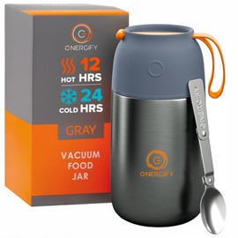 ENERGIFY Vacuum Insulated Food Jar. Large 24oz Bowl incl. Folding Spoon, Cup. Wide Mouth Keep Hot & Cold Drinks Soup Lunch Container for Adults. BPA-Free Stainless Steel, Leak Proof Grey